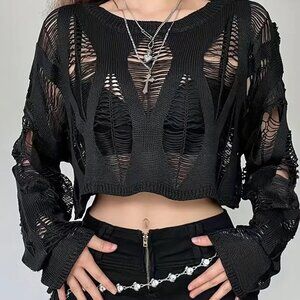 Grunge Cutout Cropped Long Sleeve Sweater Top